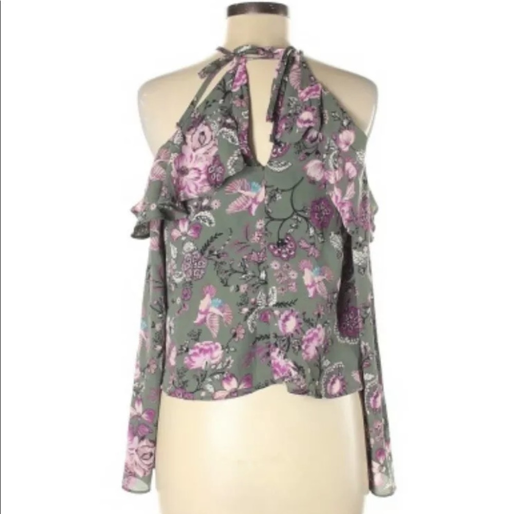 LOVE, FIRE Long Sleeve Cold Shoulder Top Size M Green Pink Hummingbird Halter